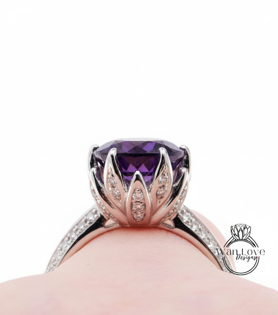 Anello di fidanzamento con fiore di loto con ametista e diamante rotondo 14k 18k bianco giallo oro rosa-platino-regalo personalizzato per anniversario di matrimonio