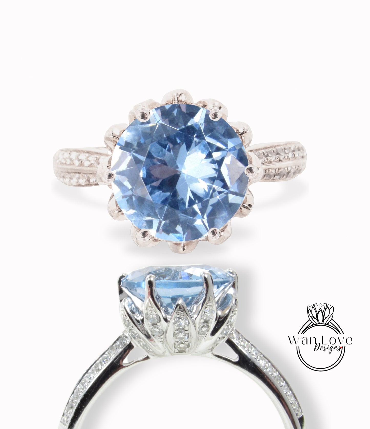 Aquamarine Blue Spinel & Diamond Lotus Flower Engagement Ring, Round, Custom, 14k 18k Rose White Yellow Gold, Platinum