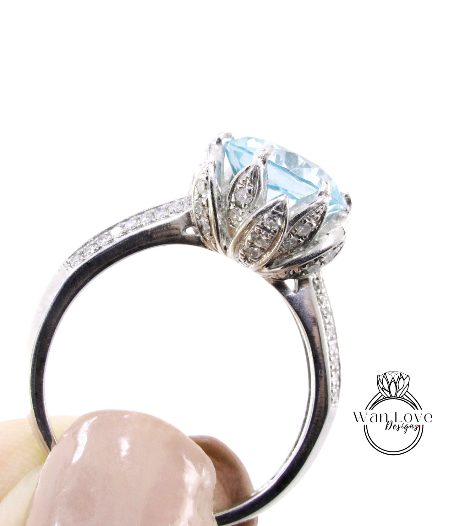 Aquamarine Blue Spinel & Diamond Lotus Flower Engagement Ring, Round, Custom, 14k 18k Rose White Yellow Gold, Platinum