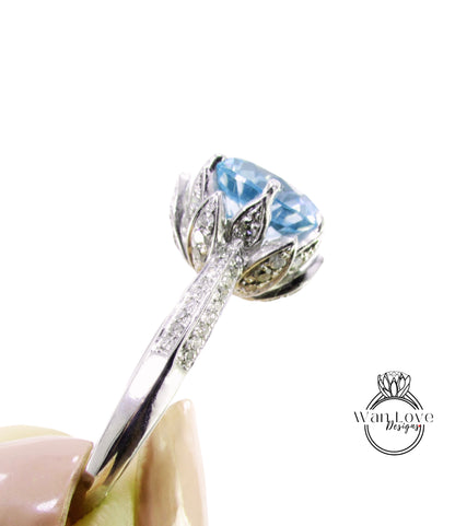 Aquamarine Blue Spinel & Diamond Lotus Flower Engagement Ring, Round, Custom, 14k 18k Rose White Yellow Gold, Platinum