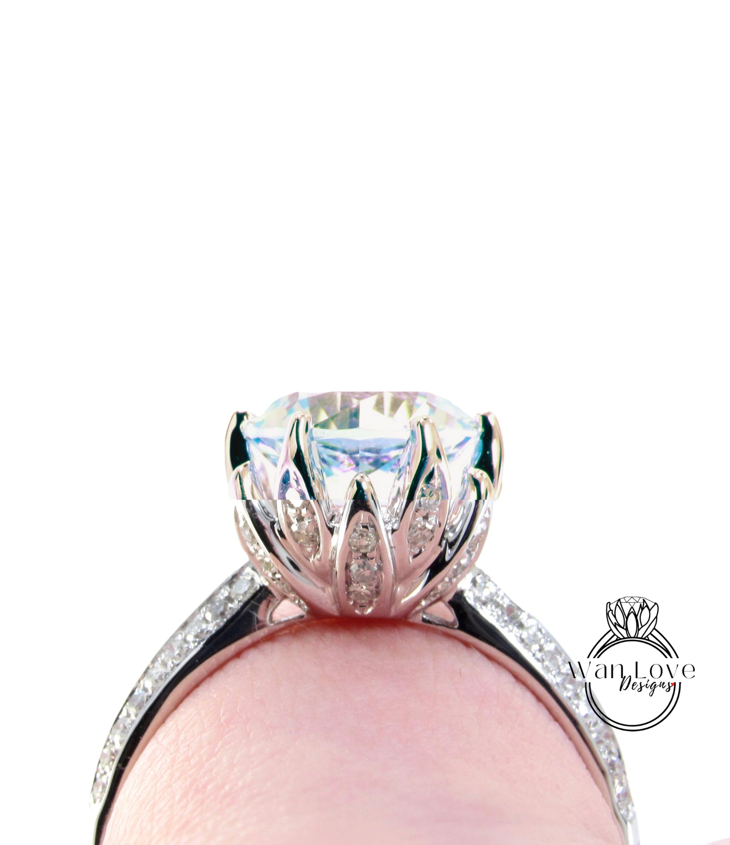 Aquamarine Blue Spinel & Diamond Lotus Flower Engagement Ring, Round, Custom, 14k 18k Rose White Yellow Gold, Platinum