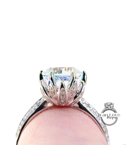 Aquamarine Blue Spinel & Diamond Lotus Flower Engagement Ring, Round, Custom, 14k 18k Rose White Yellow Gold, Platinum