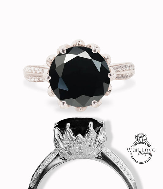 Anello di fidanzamento con diamante Moissanite nero fiore di loto Anello vintage rotondo in oro con loto anello antico unico anello di promessa nuziale regalo