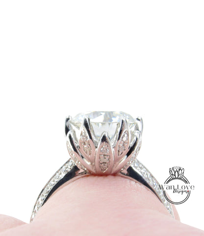 Diamond Lotus Flower Ring, Round Diamond Ring White Gold, Certified Lab Diamond Ring Band,Unique Diamond Ring 14k White Gold Engagement Ring