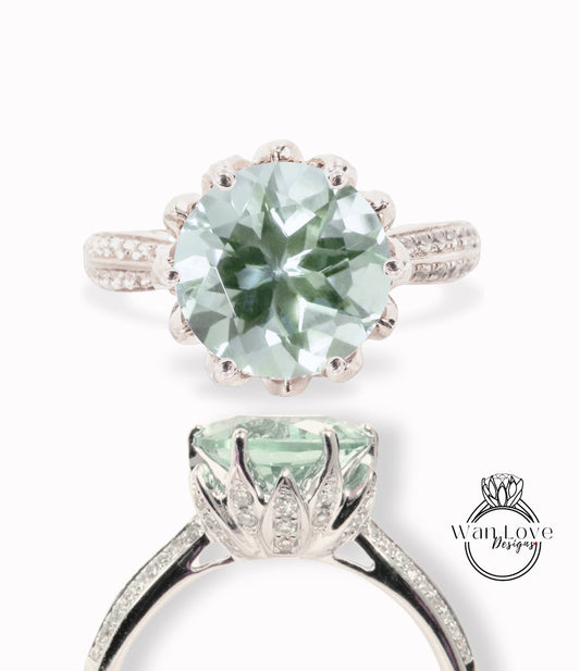 Prasiolite Green Amethyst & Diamond Lotus Flower Engagement Ring, Round, 14k 18k White Yellow Rose Gold, Platinum, Custom, Wedding