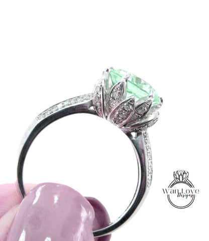 Anello di fidanzamento con fiore di loto con ametista verde e diamante Prasiolite, rotondo, 14k 18k bianco giallo oro rosa, platino, personalizzato, matrimonio