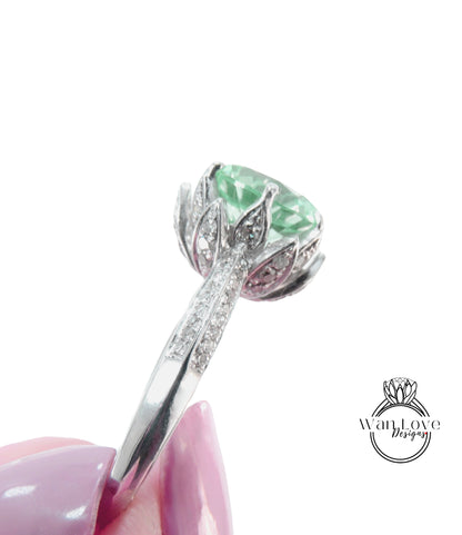 Anello di fidanzamento con fiore di loto con ametista verde e diamante Prasiolite, rotondo, 14k 18k bianco giallo oro rosa, platino, personalizzato, matrimonio