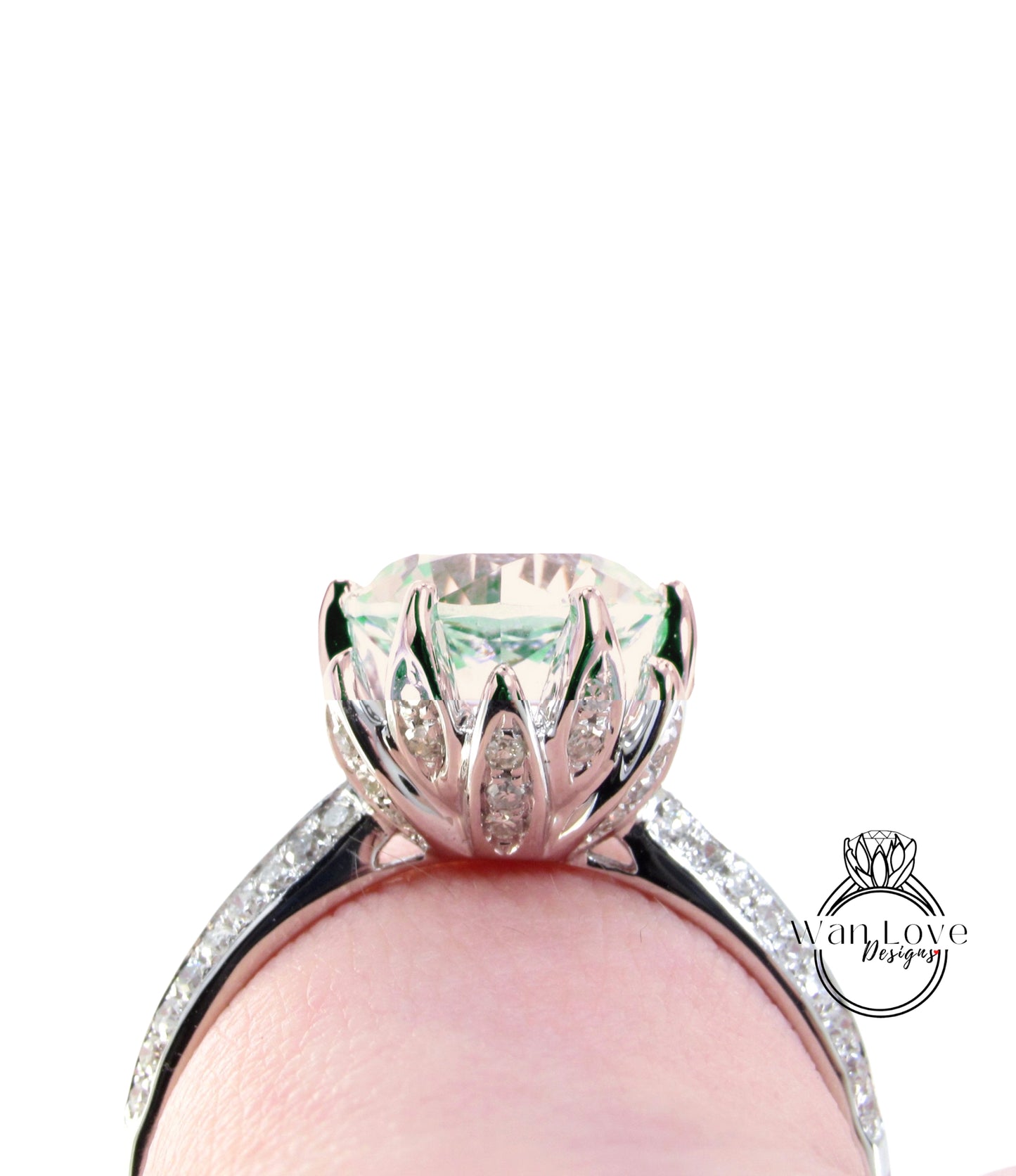 Anello di fidanzamento con fiore di loto con ametista verde e diamante Prasiolite, rotondo, 14k 18k bianco giallo oro rosa, platino, personalizzato, matrimonio