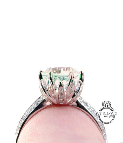 Anello di fidanzamento con fiore di loto con ametista verde e diamante Prasiolite, rotondo, 14k 18k bianco giallo oro rosa, platino, personalizzato, matrimonio