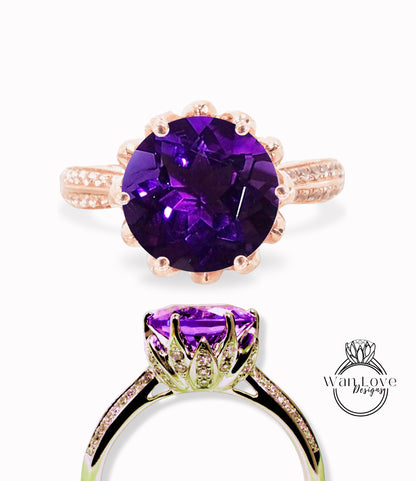 Amethyst & Diamond Lotus Flower Engagement Ring Round 14k 18k White Yellow Rose Gold-Platinum-Custom-Wedding-Anniversary Gift