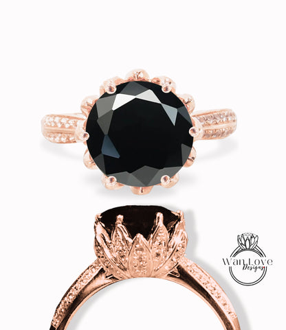 Black Spinel & Diamond Lotus Flower Engagement Ring, Floral, Round, Custom made size, Wedding, Promise,Anniversary Gift,Commitment