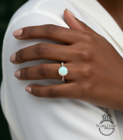 Lotus Flower Opal & Diamond Engagement Ring vintage Round Lotus gold ring unique antique ring wedding bridal promise ring Anniversary gift