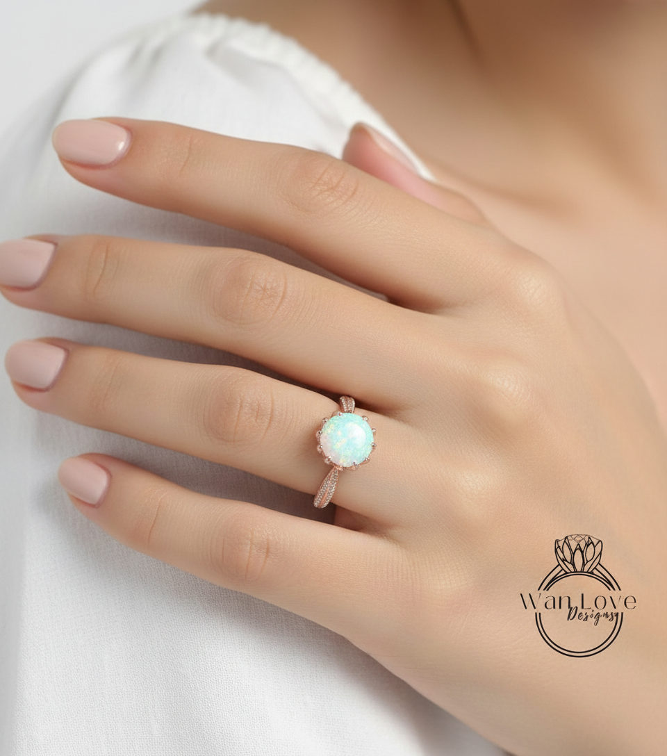 Lotus Flower Opal & Diamond Engagement Ring vintage Round Lotus gold ring unique antique ring wedding bridal promise ring Anniversary gift