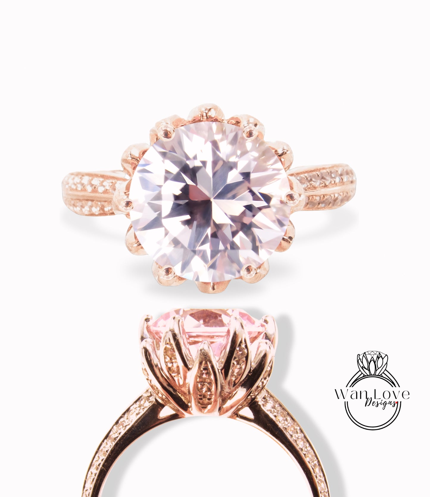 Lotus Flower Light Pink Sapphire Diamond Engagement Ring vintage Round Lotus gold ring unique antique ring wedding bridal promise ring gift