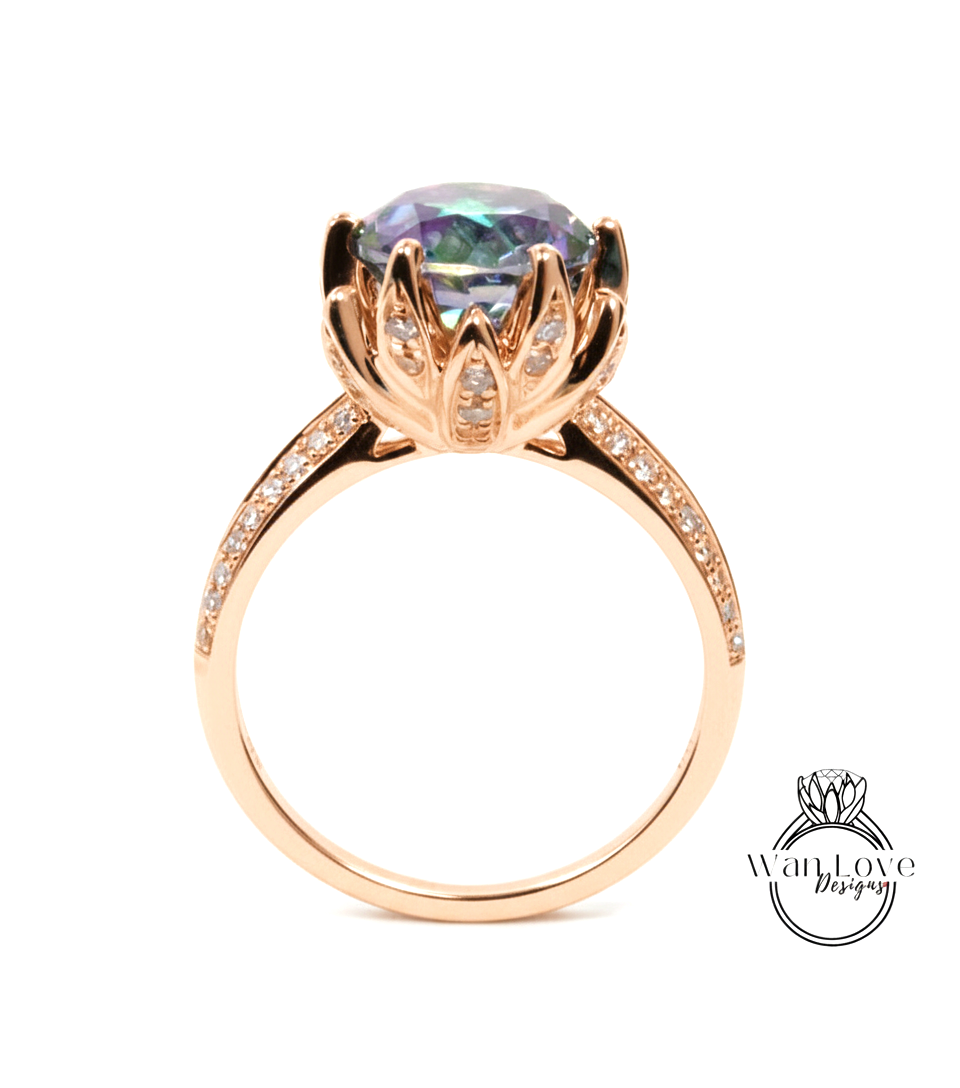 Rainbow Quartz Diamond Lotus Engagement Ring Round cut-Custom-Wedding-Anniversary-14k 18k White Yellow Rose Gold-Platinum