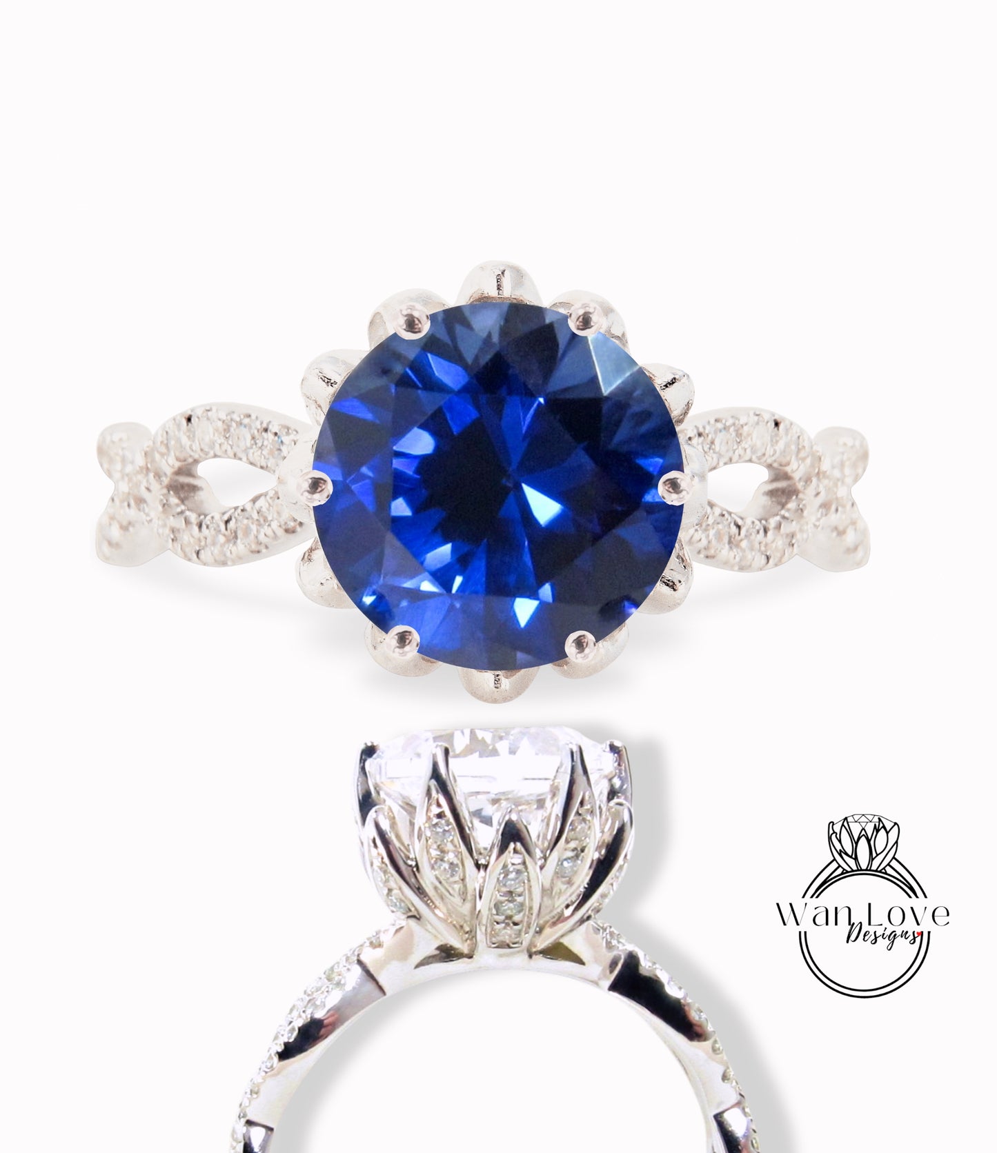 Anello di fidanzamento rotondo intrecciato con fiore di loto con zaffiro blu e diamante, oro 14kt 18kt, platino, anniversario di matrimonio personalizzato