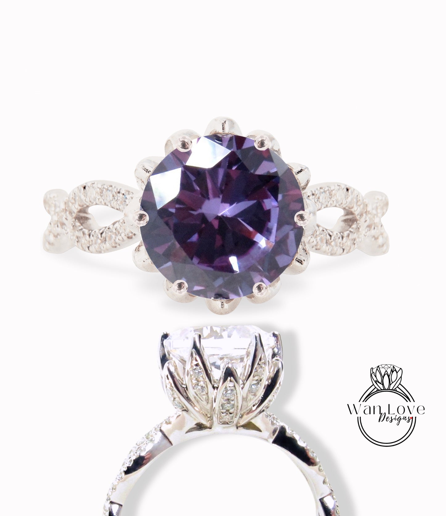 Purple Sapphire Alexandrite Color & Diamond Lotus Flower Infinity Twisted Round Engagement Ring, 14kt 18kt Gold-Platinum-Custom-Wedding ring-Anniversary Gift