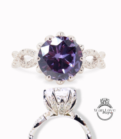 Purple Sapphire Alexandrite Color & Diamond Lotus Flower Infinity Twisted Round Engagement Ring, 14kt 18kt Gold-Platinum-Custom-Wedding ring-Anniversary Gift