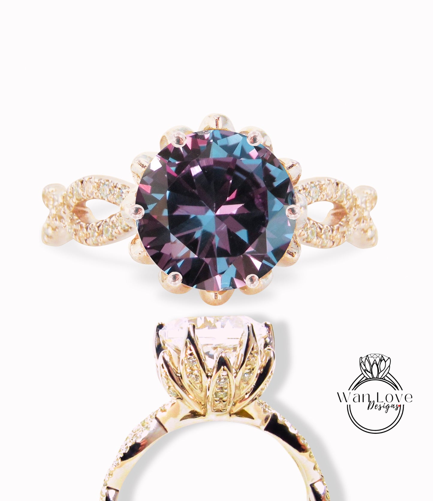 Purple Sapphire Alexandrite Color & Diamond Lotus Flower Infinity Twisted Round Engagement Ring, 14kt 18kt Gold-Platinum-Custom-Wedding ring-Anniversary Gift