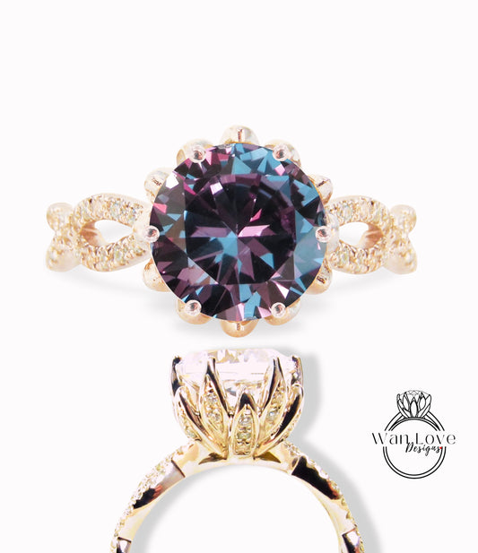 Purple Sapphire Alexandrite Color & Diamond Lotus Flower Infinity Twisted Round Engagement Ring, 14kt 18kt Gold-Platinum-Custom-Wedding ring-Anniversary Gift