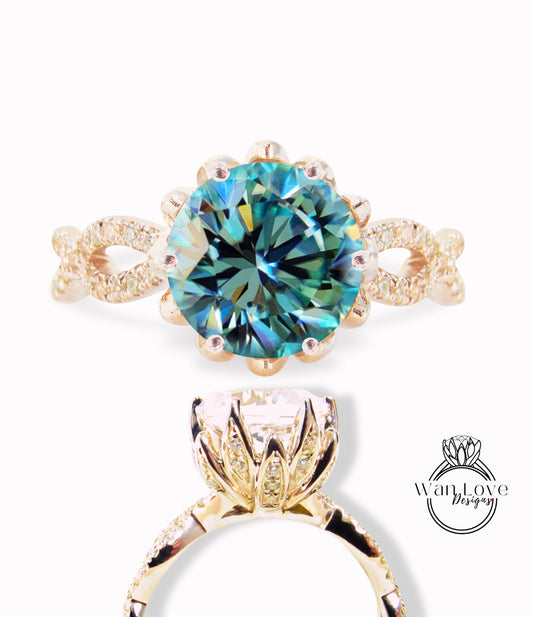 Blue Moissanite & Diamond Lotus Flower Infinity Twisted Round Engagement Ring, 14kt 18kt Gold-Platinum-Custom-Wedding ring-Anniversary Gift