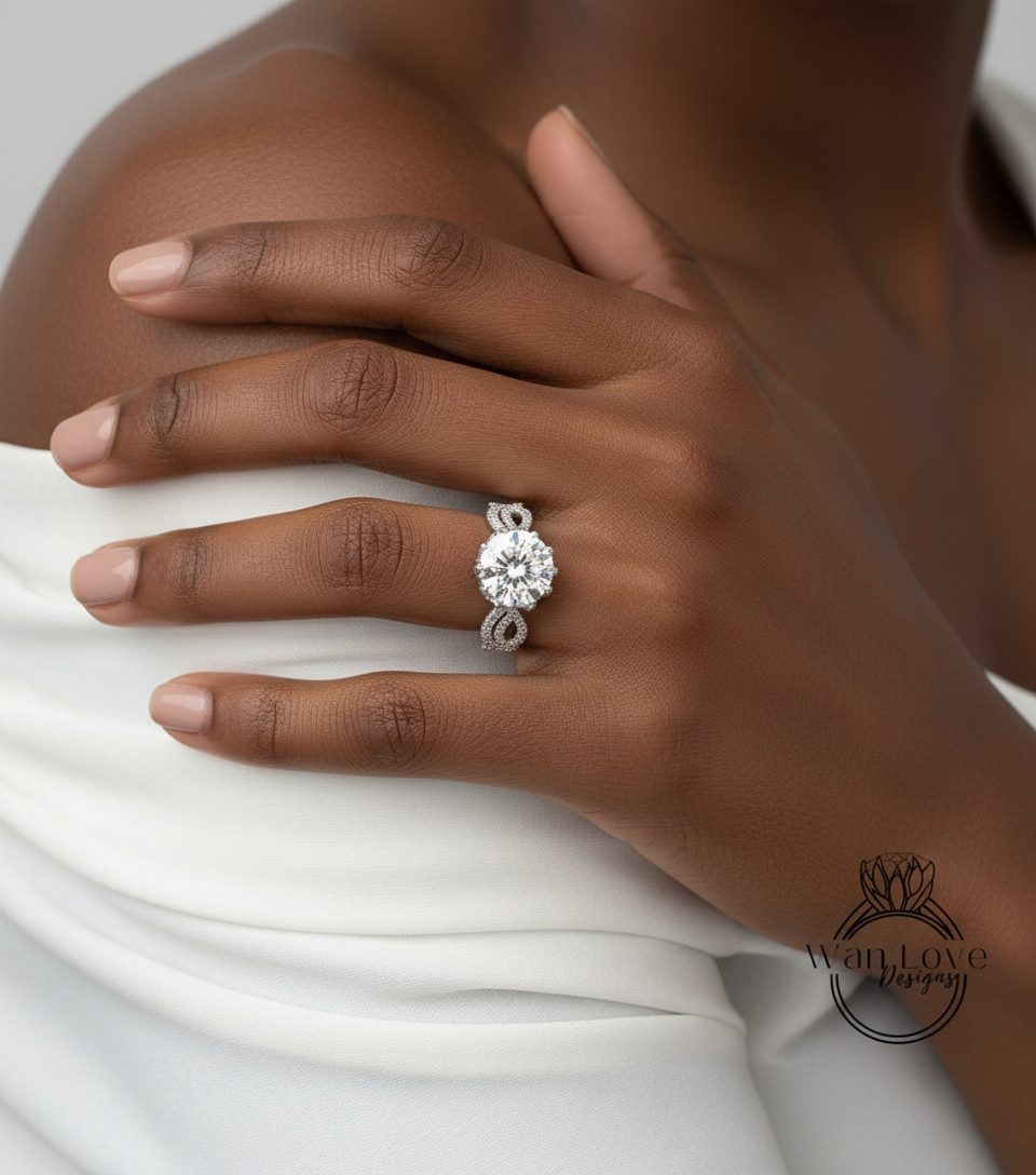 Diamond Lotus Flower Infinity Twist Shank Engagement Ring Set, Nesting Wedding Band, 14k 18k gold-Platinum-Custom Bridal ring Anniversary Gift