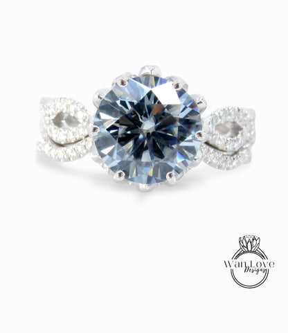 Set di anelli di fidanzamento con moissanite blu e diamante fiore di loto infinito con gambo twist, fede nuziale annidata, oro 14k 18k-platino-personalizzato, regalo