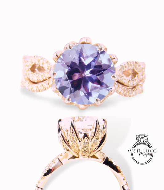 Lavender Amethyst & Diamond Lotus Flower Infinity Twist Engagement Ring Set, Curved Nesting Wedding Band, 14kt 18kt gold-Platinum-Custom