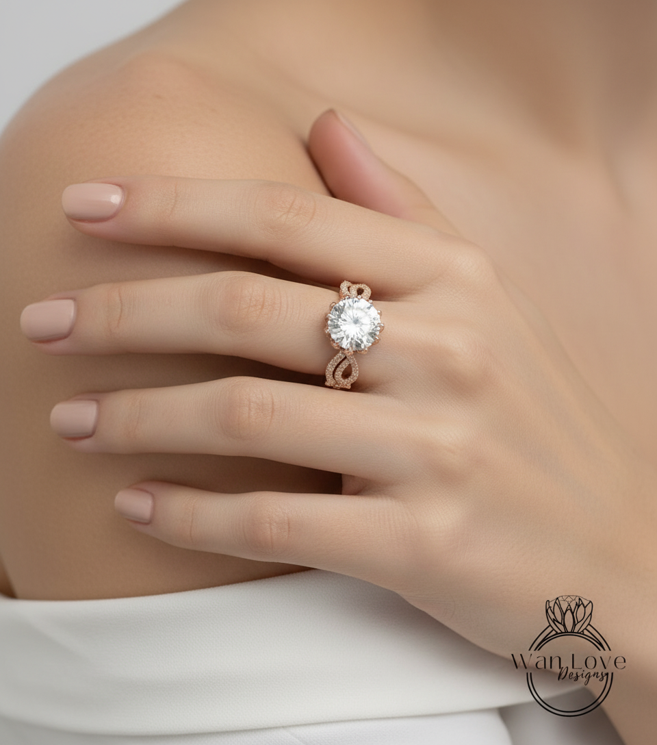 Diamond Lotus Flower Infinity Twist Shank Engagement Ring Set, Nesting Wedding Band, 14k 18k gold-Platinum-Custom Bridal ring Anniversary Gift