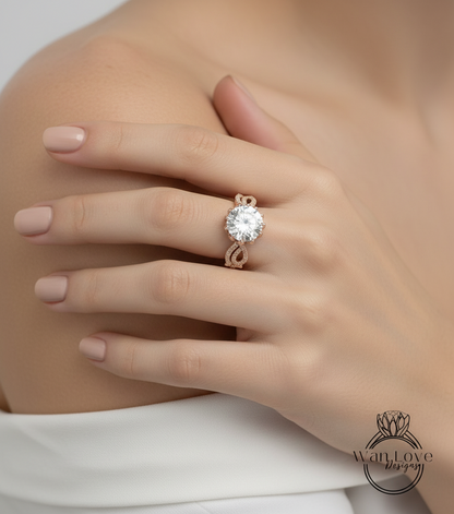 Diamond Lotus Flower Infinity Twist Shank Engagement Ring Set, Nesting Wedding Band, 14k 18k gold-Platinum-Custom Bridal ring Anniversary Gift