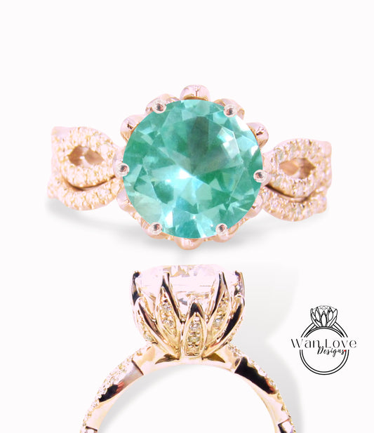 Teal Spinel & Diamond Lotus Flower Infinity Twist Shank Engagement Ring Set, Curved Nesting Wedding Band, 14kt 18kt gold-Platinum-Custom