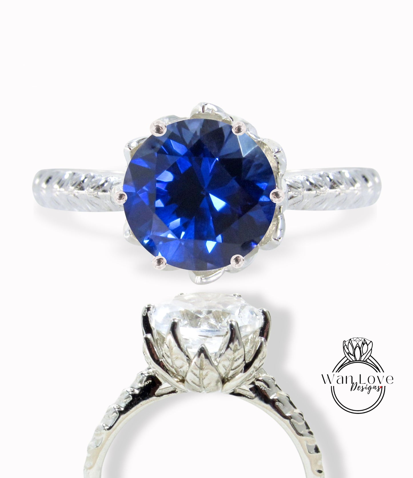 Anello di fidanzamento con zaffiro blu a taglio rotondo, anello di fidanzamento vintage con fiore di loto, anello con foglia naturale, anello da sposa unico, regalo di anniversario