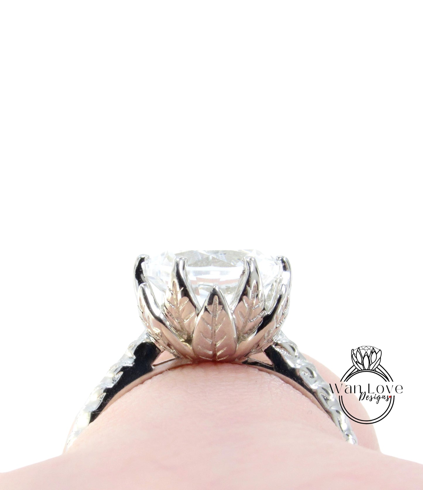 Diamond Lotus Flower engagement ring Unique Round ring white gold 6 prong ring Nature leaves engraved wedding bridal Anniversary promise