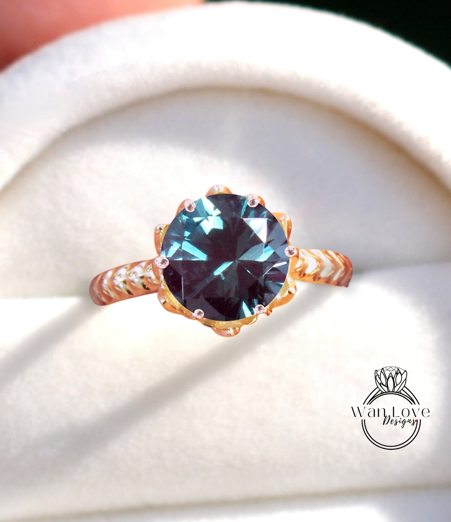 Round cut Alexandrite engagement ring vintage Lotus Flower engagement ring woman nature leaf ring Unique Bridal ring Anniversary gift