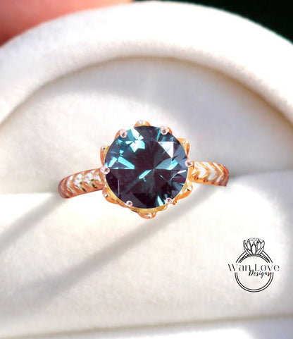 Round cut Alexandrite engagement ring vintage Lotus Flower engagement ring woman nature leaf ring Unique Bridal ring Anniversary gift