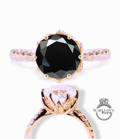 Moissanite nera Anello di fidanzamento a taglio rotondo Anello di fidanzamento vintage con fiore di loto Anello con foglia naturale per donna Anello nuziale unico Regalo di anniversario