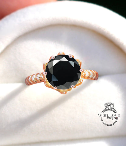 Moissanite nera Anello di fidanzamento a taglio rotondo Anello di fidanzamento vintage con fiore di loto Anello con foglia naturale per donna Anello nuziale unico Regalo di anniversario