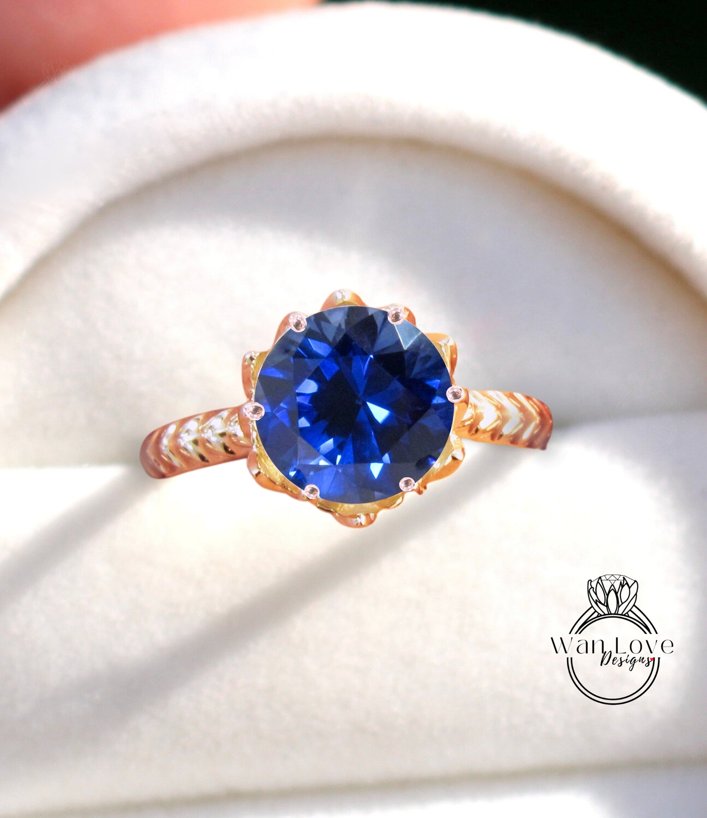 Anello di fidanzamento con zaffiro blu a taglio rotondo, anello di fidanzamento vintage con fiore di loto, anello con foglia naturale, anello da sposa unico, regalo di anniversario