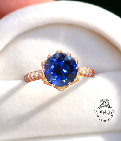 Anello di fidanzamento con zaffiro blu a taglio rotondo, anello di fidanzamento vintage con fiore di loto, anello con foglia naturale, anello da sposa unico, regalo di anniversario