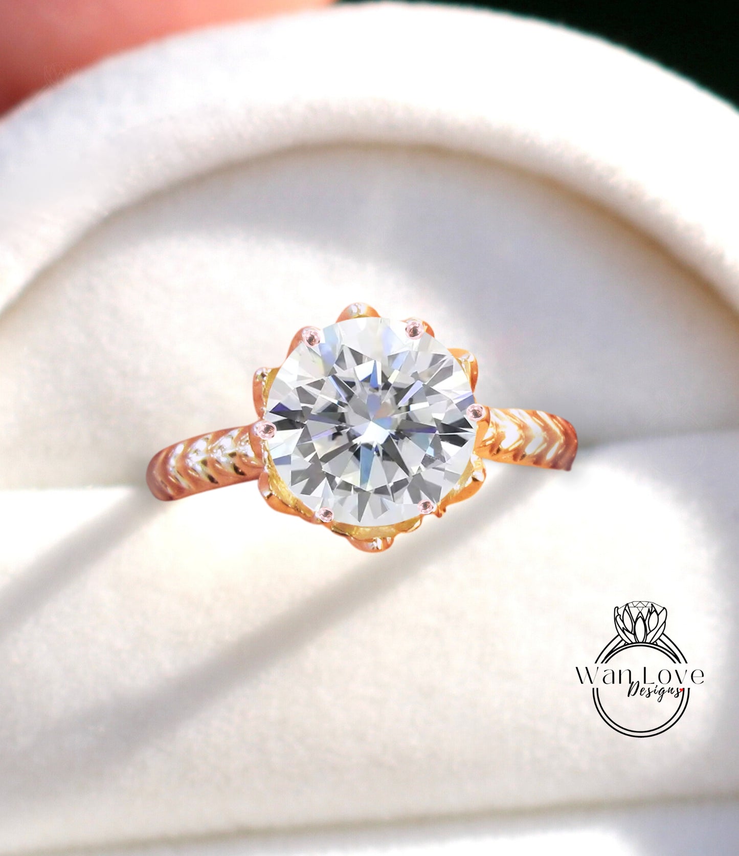 Moissanite Anello di fidanzamento a taglio rotondo Anello di fidanzamento vintage con fiore di loto Anello rotondo con foglia naturale per donna Anello nuziale unico Regalo di anniversario