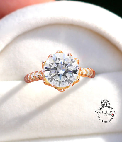 Diamond Lotus Flower engagement ring Unique Round ring white gold 6 prong ring Nature leaves engraved wedding bridal Anniversary promise