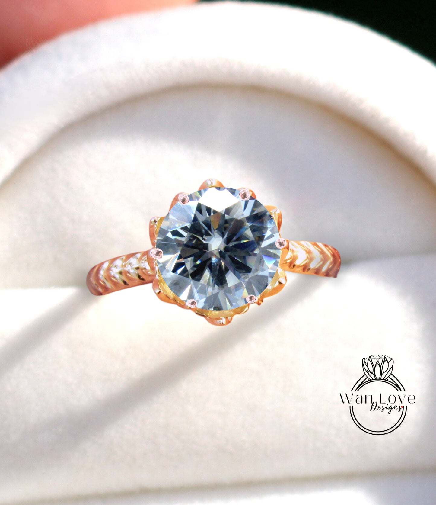 Moissanite grigia Anello di fidanzamento a taglio rotondo Anello di fidanzamento vintage con fiore di loto Anello con foglia naturale per donna Anello nuziale unico Regalo di anniversario