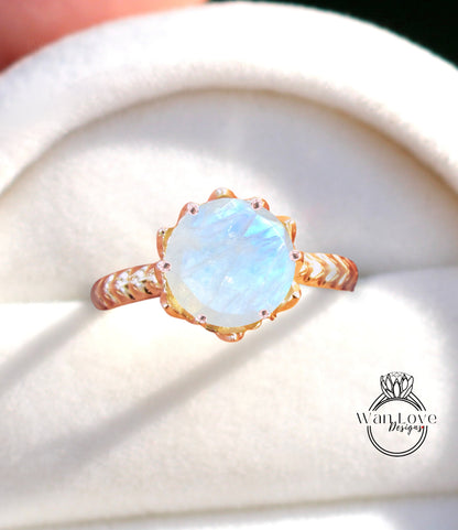 Anello di fidanzamento con pietra di luna a taglio rotondo Anello di fidanzamento vintage con fiore di loto Anello con foglia naturale per donna Anello da sposa unico Regalo di anniversario