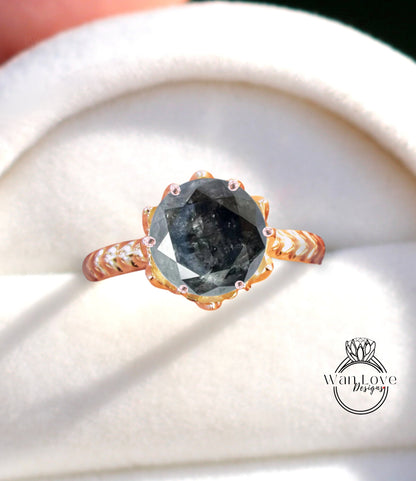 Anello di fidanzamento con diamante Galaxy Salt &amp; Pepper a taglio rotondo Anello di fidanzamento vintage con fiore di loto Anello con foglia naturale per donna Regalo unico per anello nuziale