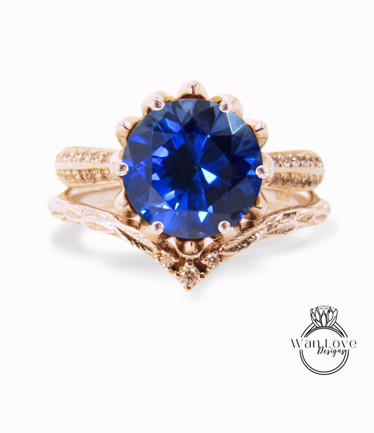 Lotus | 14K Gold Diamond Lotus Ring Set | Blue Sapphire Gold Flower Ring | Lotus Flower Ring Set | Curved Leaf Wedding Band | Bridal Gift