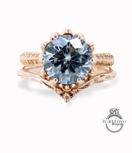 Lotus | 14K Gold Gray Moissanite & Diamond Lotus Ring Set | Grey Moissanite Flower Ring | Lotus Flower Ring Set | Curved Leaf Wedding Band | Bridal Gift