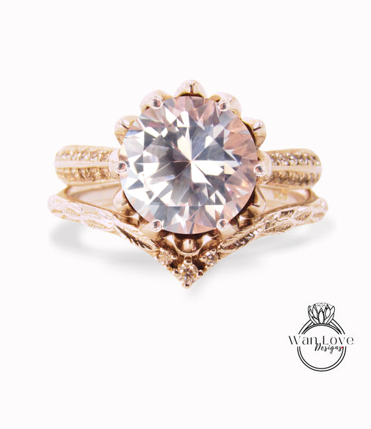 Lotus | 14K Gold Diamond Lotus Ring Set | Peach Sapphire 14k Flower Ring | Lotus Flower Ring Set | Curved Leaf Wedding Band | Bridal Gift