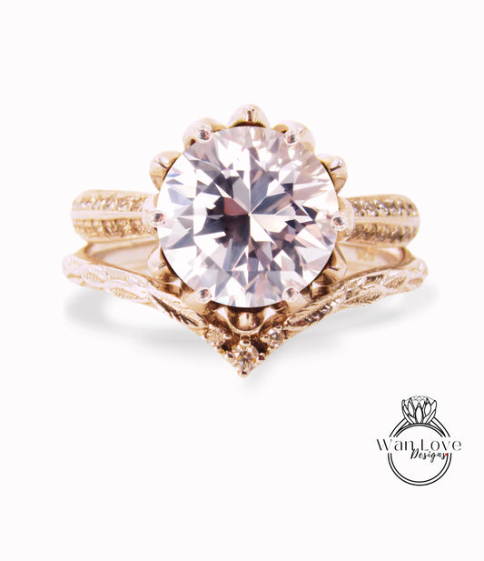 Lotus | 14K Gold Diamond Lotus Ring Set | Light Pink Sapphire Flower Ring | Lotus Flower Ring Set | Curved Leaf Wedding Band | Bridal Gift