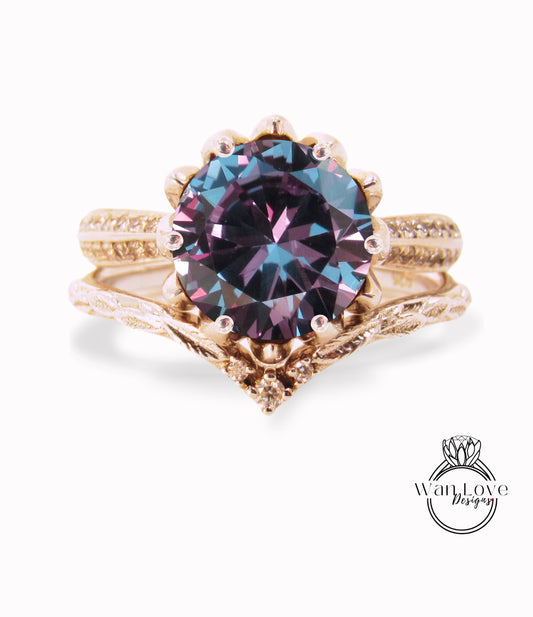Lotus | 14K Gold Diamond Lotus Ring Set | Alexandrite Sapphire Flower Ring | Lotus Flower Ring Set | Curved Leaf Wedding Band | Bridal Gift