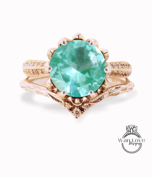 Lotus | 14K Gold Teal Blue Green Spinel & Diamond Lotus Ring Set | Teal Spinel Flower Ring | Lotus Flower Ring Set | Curved Leaf Wedding Band | Bridal Gift